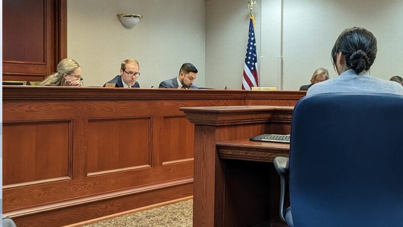 Sen. Red Dawn Foster (D-Pine Ridge) listens as Rep. Scott Odenbach (R-Spearfish) asks a...