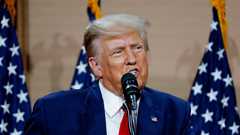 Former President Donald Trump speaks in Clinton Township, Mich., Wednesday, Sept. 27, 2023....