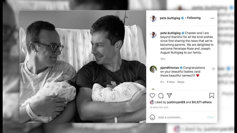 Transportation Secretary Pete Buttigieg and his husband, Chasten, are celebrating the arrival...