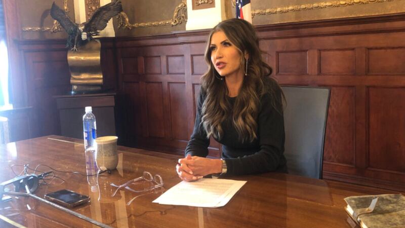 Gov. Kristi Noem speaks to reporters March 6, 2023, at the Capitol in Pierre.