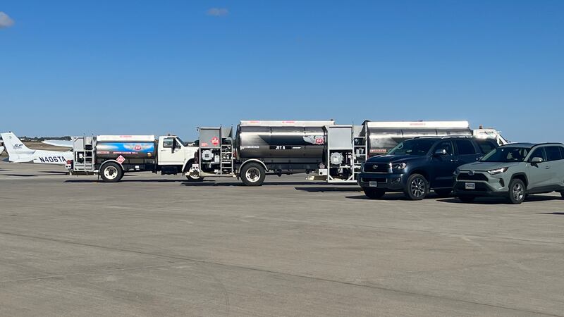 Fuel trucks parked on the terminal at the Pierre Airport in Pierre, South Dakota.