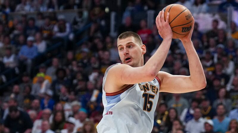Denver Nuggets center Nikola Jokic against the Miami Heat during the first half of Game 5 of...