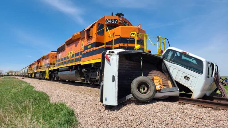 A pickup tried to cross train tracks near Box Elder and was hit by a train. (Pennington County...