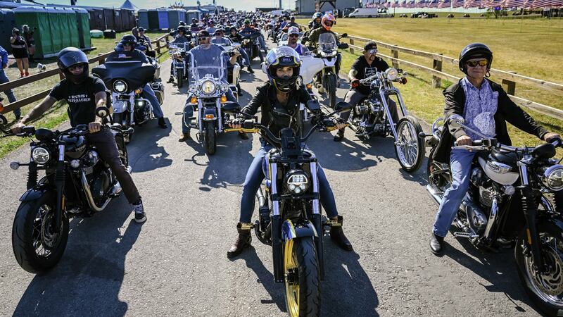 Bikers line up for a charity ride at the Sturgis Buffalo Chip during the 2022 rally.
